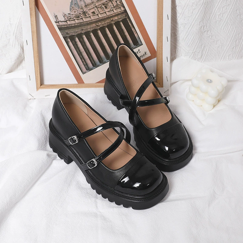 Женская обувь Мэри Джейн в студенческом стиле 8 см, невидимая Внутренняя высота, Весенние Новые французские Ретро туфли на толстом каблуке, маленькие кожаные туфли на мелкой подошве