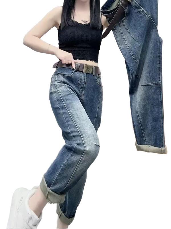 大码女装复古显瘦直筒牛仔裤女2025秋季新款高腰修身百搭哈伦裤子|undefined