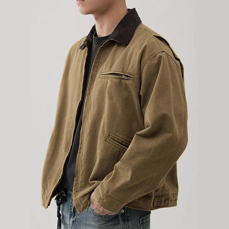 Men's Workwear Washed Jacket Spring and Autumn Style Lapel Coat Detroit Jacket American Retro Zipper Hunting Jacket Hard