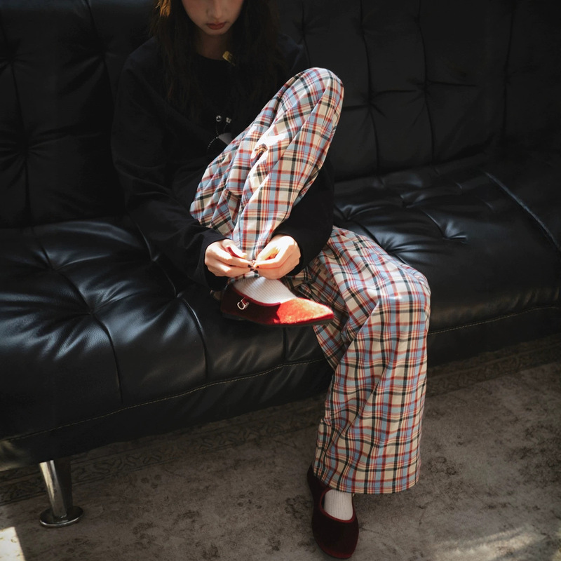 Vintage Colorful Plaid Pants with Cute Button Decoration Design, Spring/Summer Loose Slimming Thin Elastic Waist Casual Pants for Women