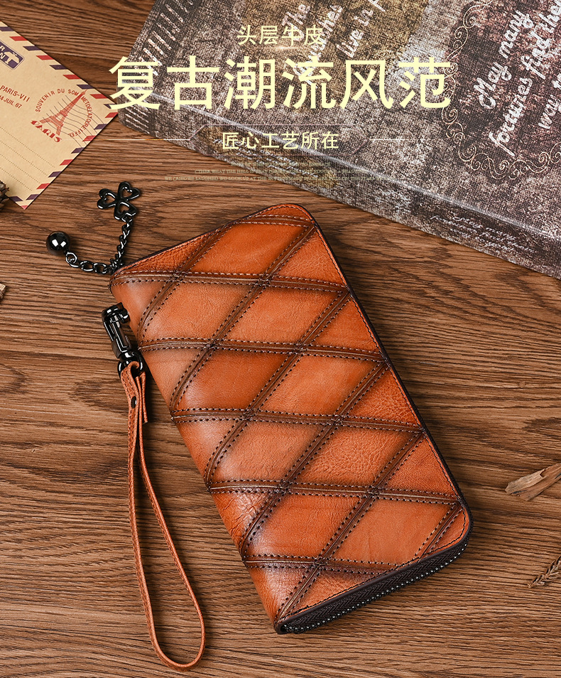 Ví dài nữ khóa kéo dung tích lớn đựng điện thoại, phong cách cổ điển phối màu vintage, cầm tay thời trang — Màu vàng cổ điển, Cà phê cổ điển, Màu nâu cổ điển chi tiết 2
