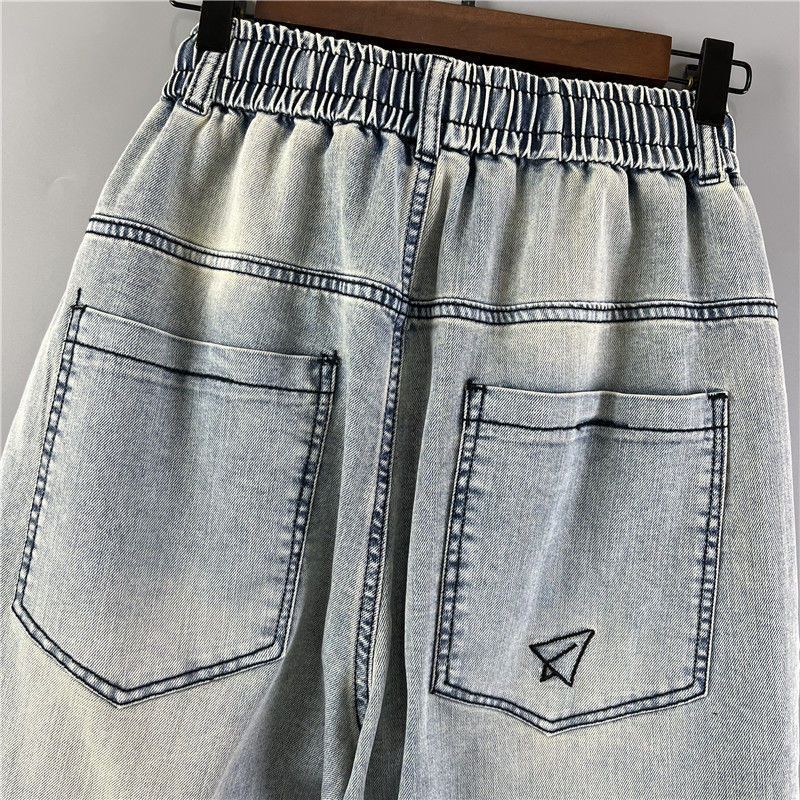 Men's Jeans Embroidery Trendy Pockets Personalized Elastic Waist Versatile Harlan Casual Pants_voghion.com