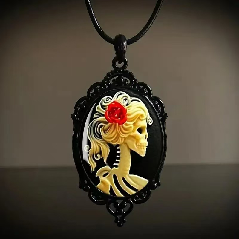 热销跨境 复古椭圆形玻璃合金吊坠项链批发 欧美饰品|undefined