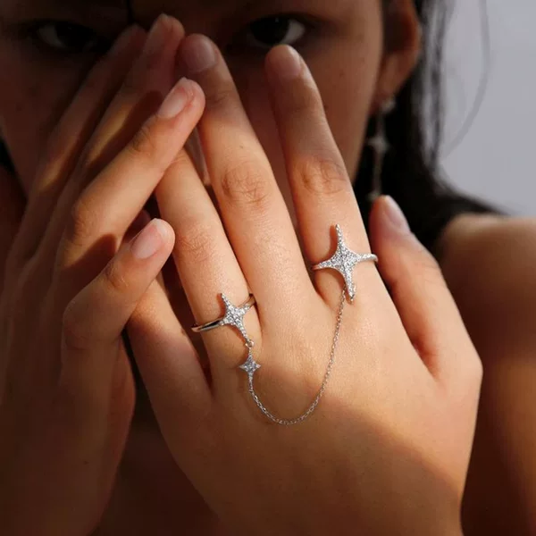 Amazon's Popular Star Ring Ins-Style Double-Finger Chain Interlocking Ring Design Accessory Ring