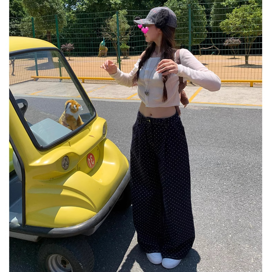 黑色波点印花休闲裤女春秋韩版网红高腰显瘦直筒裤设计感阔腿裤子