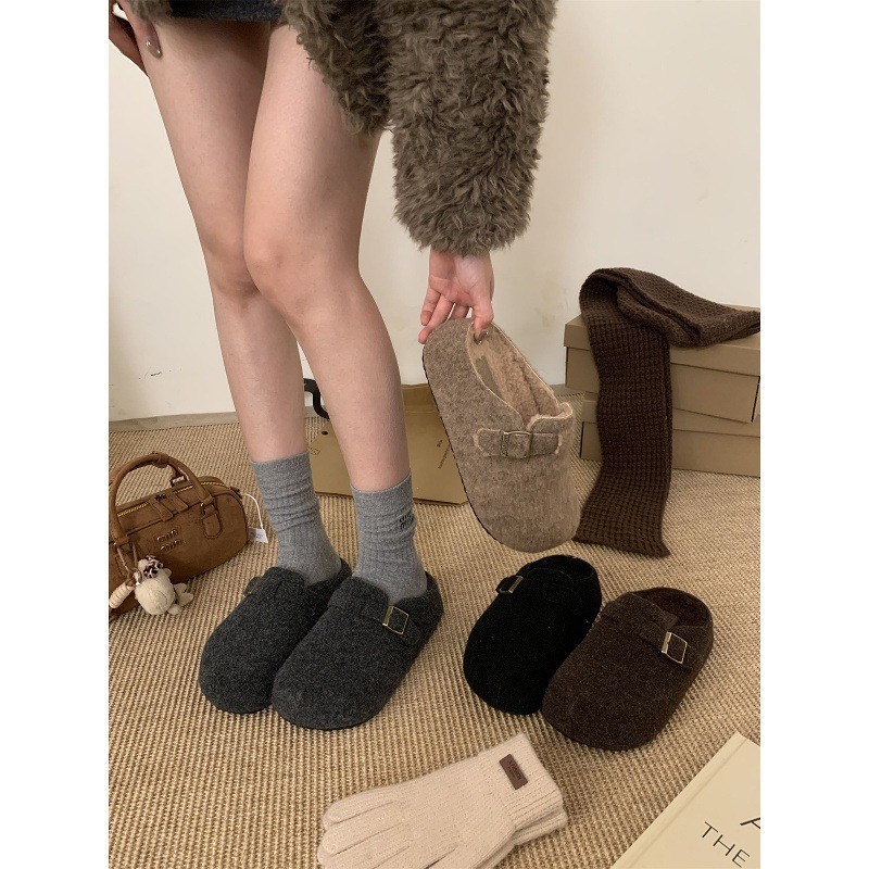 灰色丑萌面包鞋子女小个子厚底加绒勃肯鞋内增高5cm毛毛拖鞋|undefined