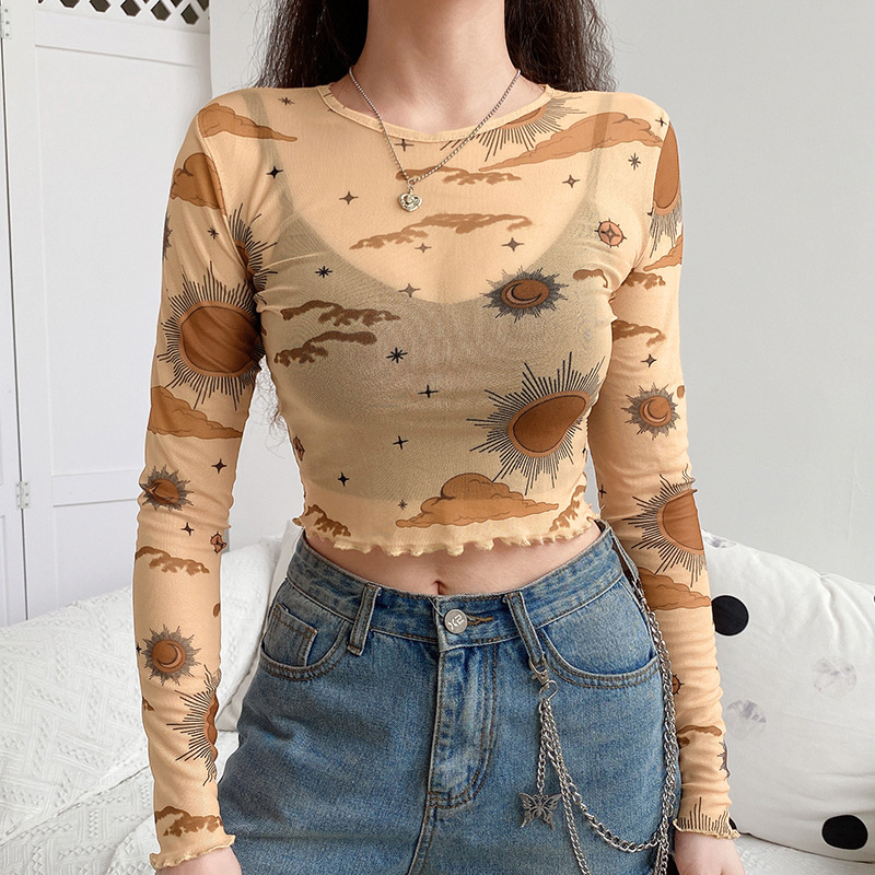 prints gauze perspective long-sleeved T-shirts NSLQ33726