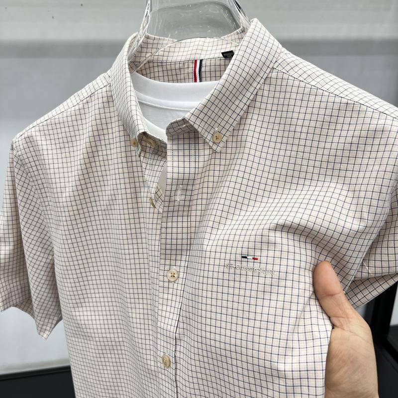High-end Pure Cotton Houndstooth Embroidered Shirt Short-sleeved Summer New Business Casual Non-ironing Middle-aged Men's Shirt