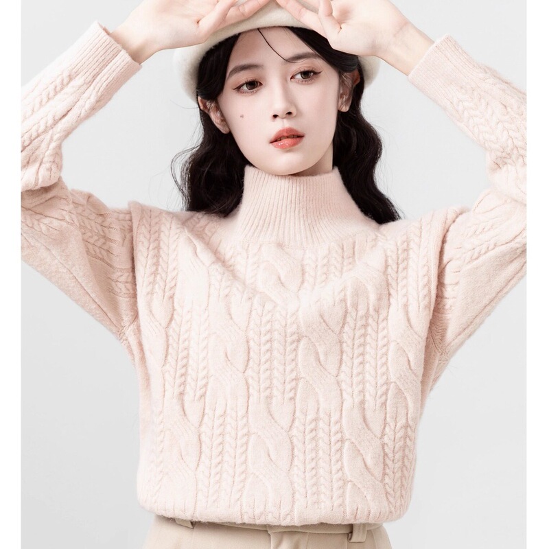 Pink half-high collar thick cable-knit sweater for women, 2026 autumn and winter new style, loose-fitting inner knit top for petite women