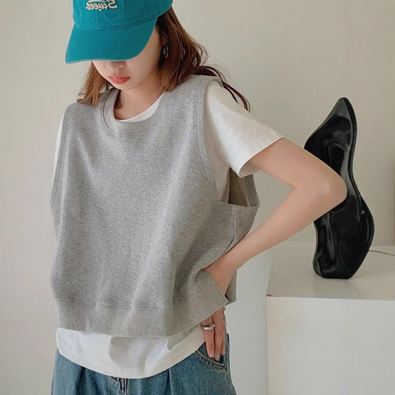 Spring and Summer New Short Cotton Vest Vest Women's Design Sense Niche Sweater Vest Shoulder Clip Stacked Sleeveless Top