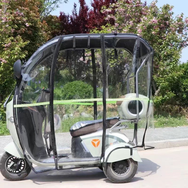 Triciclo, toldo, toldo, cortina de lluvia, protección contra la lluvia y el viento, adecuado para caminar todo en uno, parabrisas, caballos nuevos, etc.