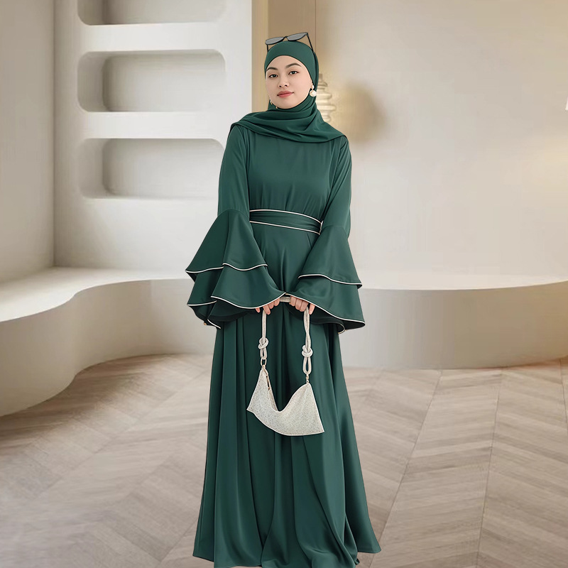 Abito abaya elegante in raso con maniche a campana per donna_voghion.com