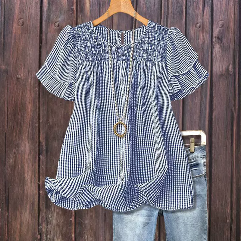 Стиль доставка через границу Casual Checkered Tiered Short Sleeve Top Black