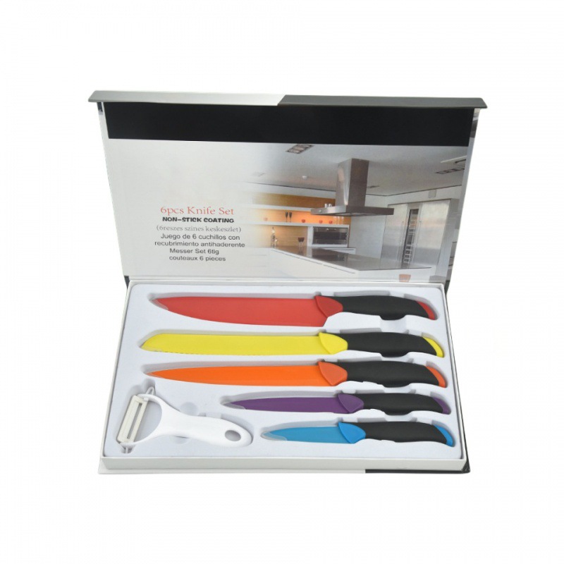 Venta al por mayor en stock COLOR DE ACERO INOXIDABLE cuchillo de seis piezas traje de moldeo por inyección secundaria con melón cepilladora color caja de regalo Cocina