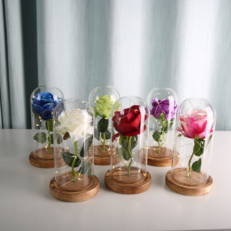 Flor eterna cubierta de vidrio simulación Rosa cubierta de vidrio soporte de regalo generación personalizada LED color quema Luz DE LA Secuencia