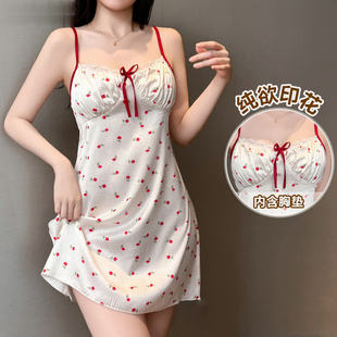 Sexy Women's Ice Silk Nightgown with Chest Pad, Printed Pure Desire Silk, 2025 New Style Camisole Nightdress, Loungewear, Available for Cross-Border Shipping