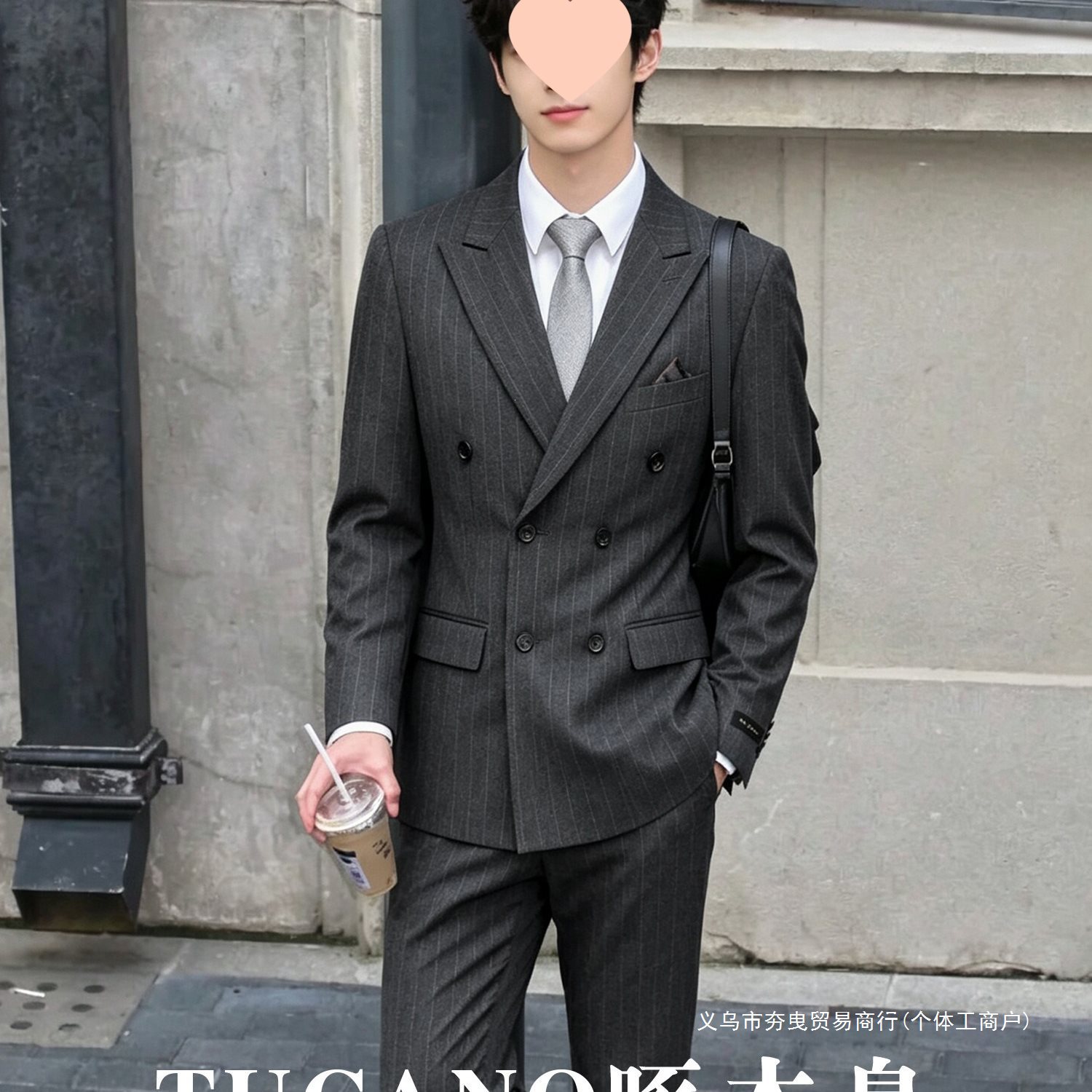啄木鸟双排扣西服套装英伦风条纹戗驳领商务正装新郎礼服西装外套