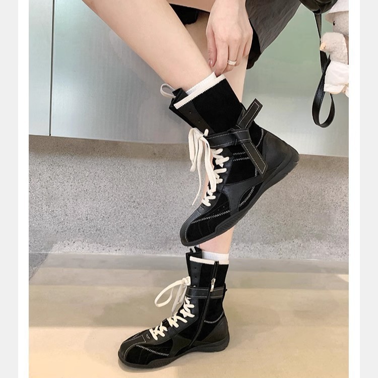 葡萄妈同款 时髦复古拼色百搭绑带侧拉链猎装德训马丁靴女秋冬款|undefined