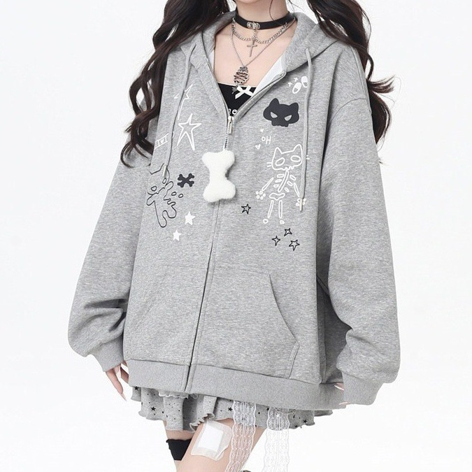 Subcultural style skull cat ear hooded jacket for women, autumn and winter, fleece-lined, loose, casual, laid-back gray sweatshirt for women