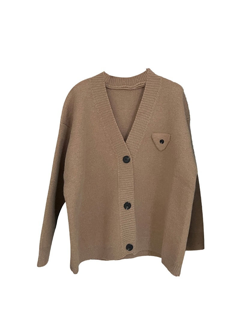 Suéter coreano de estilo perezoso abrigo de otoño nuevo diseño sensación de color sólido suelto cuello en V botón único cardigan de punto para mujeres