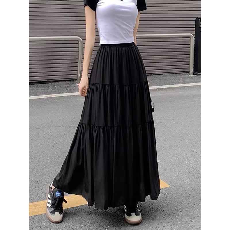 跨境显瘦修身休闲A字高腰半身裙女法式百搭纯色气质风褶皱长裙子|undefined