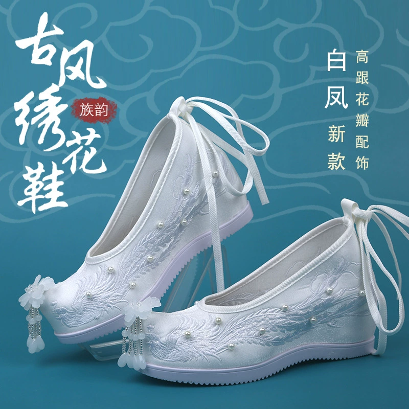 [Аксессуары из лепестков белого Феникса] Весна 2023 Новая антикварная обувь ханьфу Женская обувь с вышивкой Туфли на высоком каблуке Древняя Тканевая обувь
