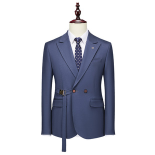Men's business casual suit jacket solid color belt decoration British gentleman small suit plus size men's long-term