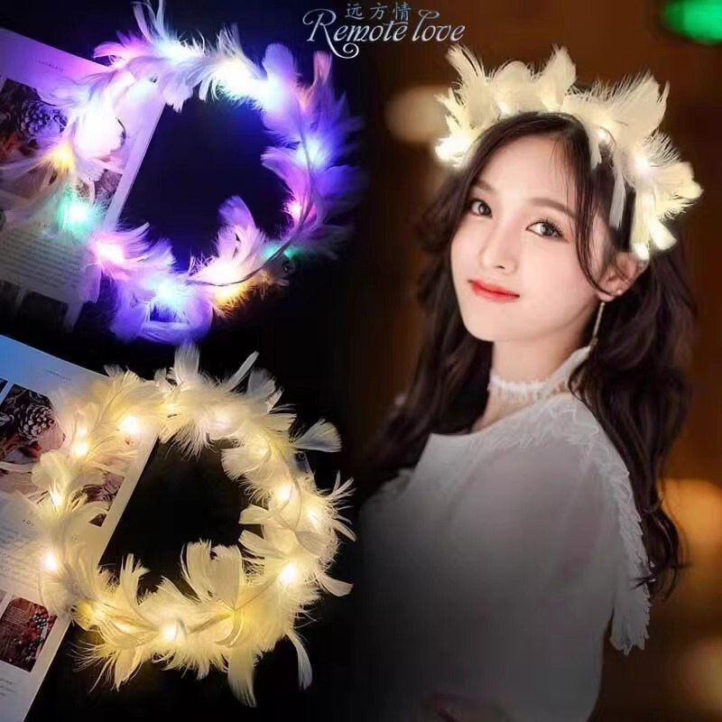 New Luminous Goose Feather Garland Feather Angel Glitter Headwear Popular Night Market Promotional Qr Code Small Gift Square