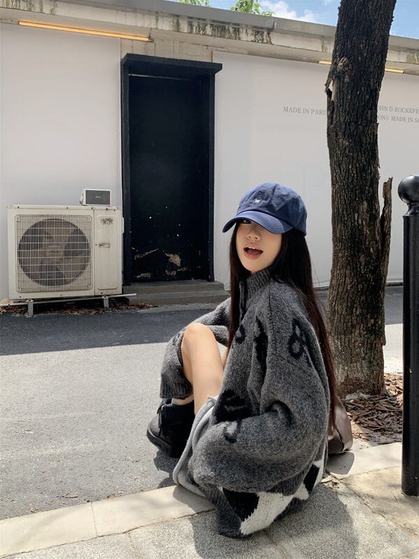 慵懒风撞色图案加厚毛衣外套女秋冬2025新款时尚百搭立领长袖上衣|undefined