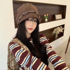 早秋美拉德风堆堆帽子女复古小众设计感皮质套头帽百搭显脸小冷帽