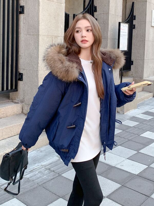 棉服女冬季牛角扣设计感大毛领加厚棉袄2025新款派克服棉衣外套|undefined