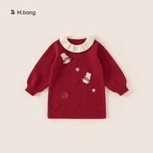 邦选女童毛衣裙子甜美花边领小童内搭针织裙红色年服儿童连衣裙