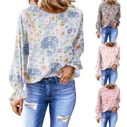 2025 Autumn Women's European and American Fashion Amazon Foreign Trade Cross-border New Floral Round Neck Blouse Women Lantern Sleeve Top