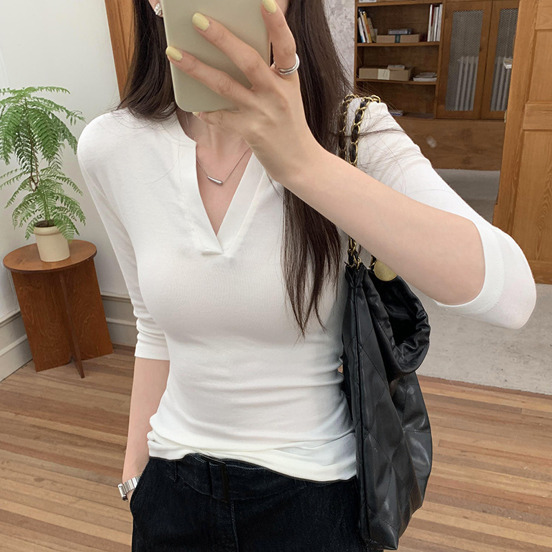 漂亮V领修身辣妹薄T恤女初秋新款美式高级感长袖chic上衣|undefined