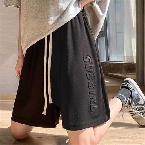 Trendy Instagram Summer Ice Silk Athletic Shorts for Kids and Youth, High Street BF Style, High-Waisted Relaxed Wide-Leg Five-Finger Outerwear