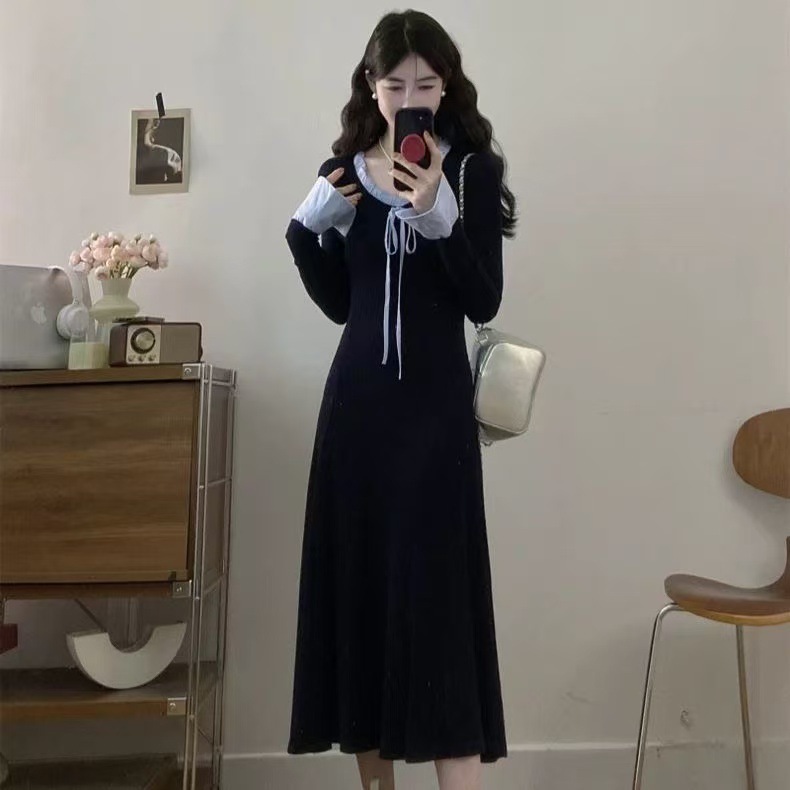 大码法式蝴蝶结系带针织连衣裙女2025秋冬胖mm设计感拼接边长裙子|undefined
