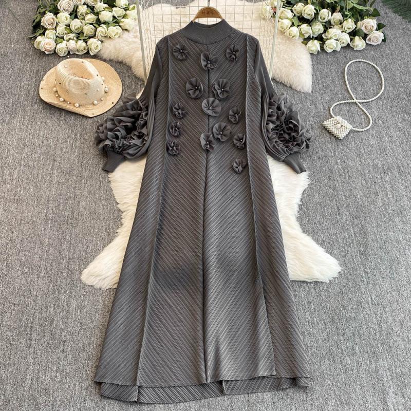 Elegant Women's Beaded 3D Floral Dress Pleated Puff Sleeves Slimming Long plus Size Stretchy Spring Style Cross Border_ecoleips.com