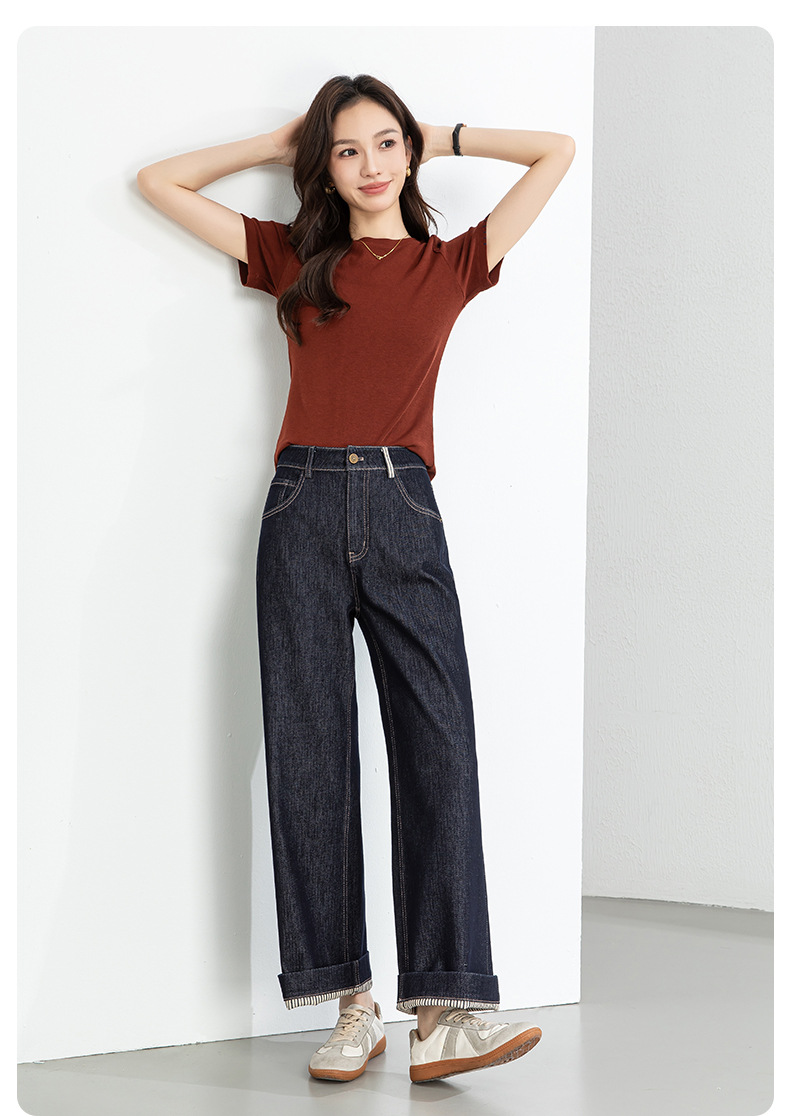 Quần jean nữ ống rộng cạp cao dáng suông vải denim xanh — Xanh da trờicolor chi tiết 19