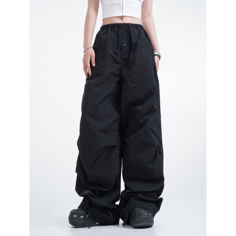 Elastic Waist Quick-Drying Black Cargo Pants for Women 2025 Summer Thin High Street Straight Pants American Retro Parachute Pants Elastic Waist Quick-Drying Black Cargo Pants for Women 2025 Summer Thin High Street Straight Pants American Retro Parachute Pants