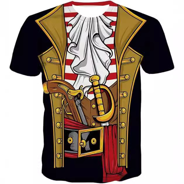 Cross Border Amazon Pirate Costume Men's Halloween Short Shirt Fun Cruise Pirate 3D Print T-Shirt Short Sleeve Men