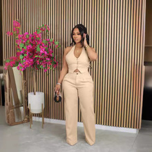 M-6183欧美纯色v领挂脖西装马甲裤套装