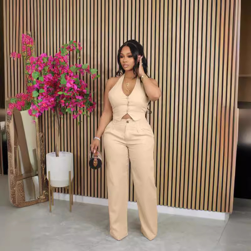 M-6183 European and American Solid Color V-neck Hanging Neck Suit Vest Pants Set