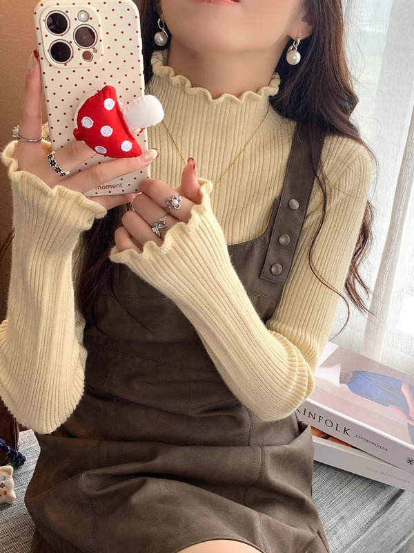 中领打底衫女秋冬高级感2025新款针织衫木耳边内搭上衣半高领毛衣|undefined