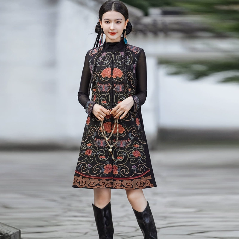 2025 новый стиль этнический стиль тяжелый жилет с вышивкой ретро вышитый жилет с пряжкой топ длинный жакет