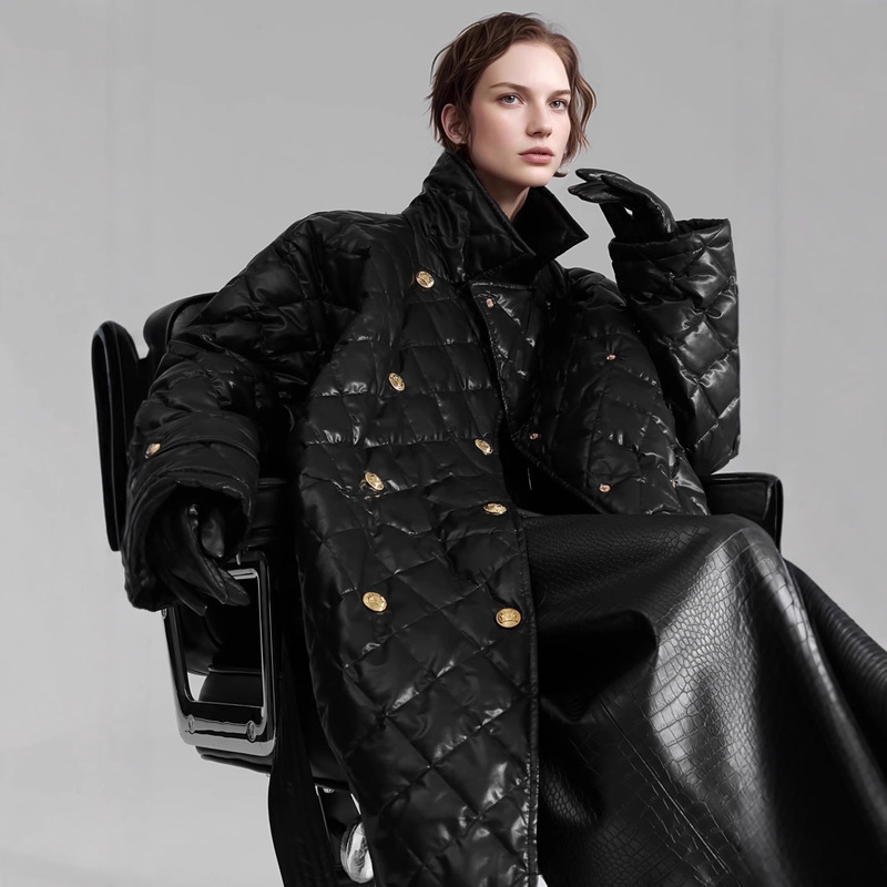 Tweed Style Quilted Design Goatskin down Jacket Mid-Length Waist Slimming Look White Duck down Winter Slimming Look Fashion