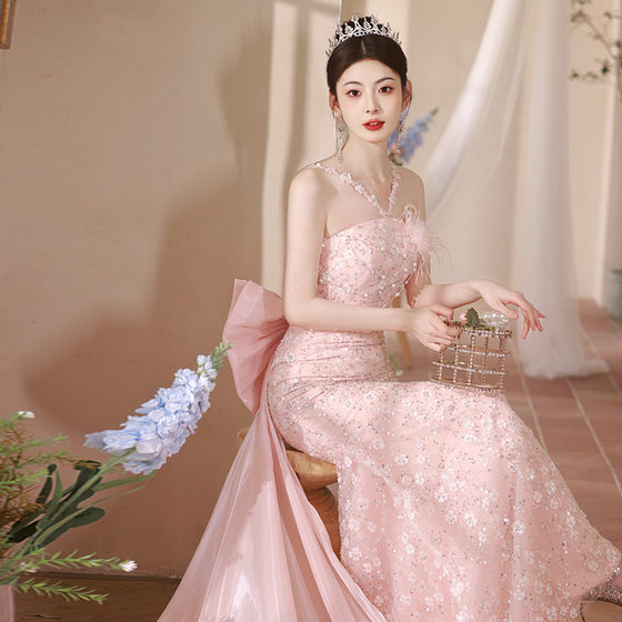 Pink Temperament Neck Bridal Morning Robe Wedding Engagement Fishtail Toast Dress Trailing Host Birthday Evening Dress Spring