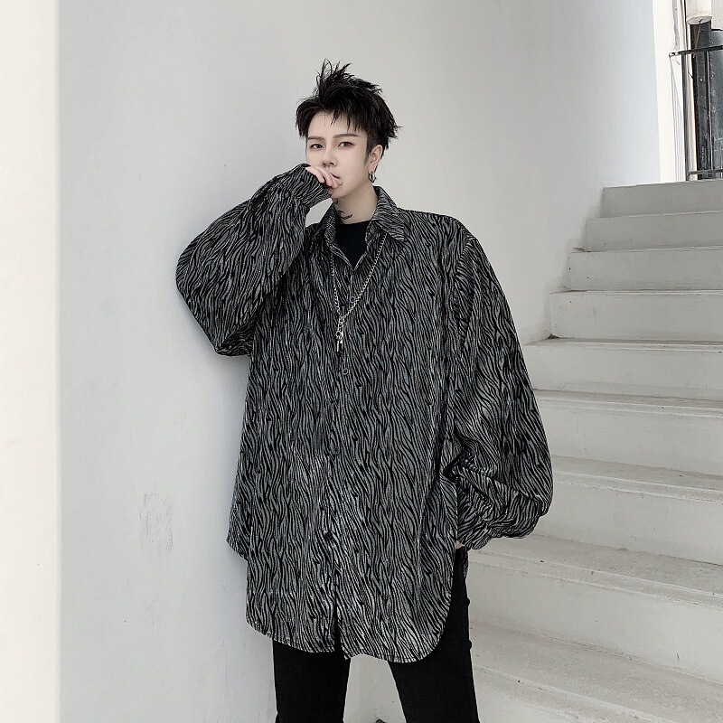 Zebra Pattern Flash silver Bright Silk Flocking Jacquard Loose Profile Shirt Men's Bright Texture Shirt Trendy Coat