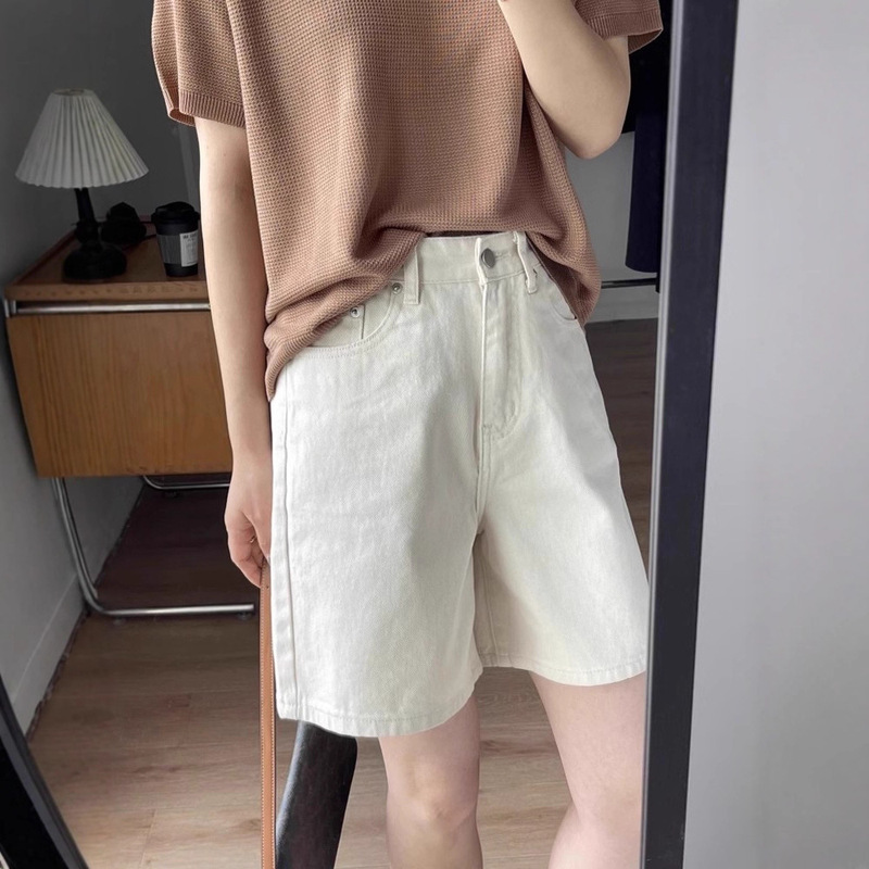 Apricot Denim Shorts for Women, Summer Thin Style, High-Waisted, Loose, Slimming, Wide-Leg, Knee-Length Shorts Suitable for Wide Hips and Thick Thighs