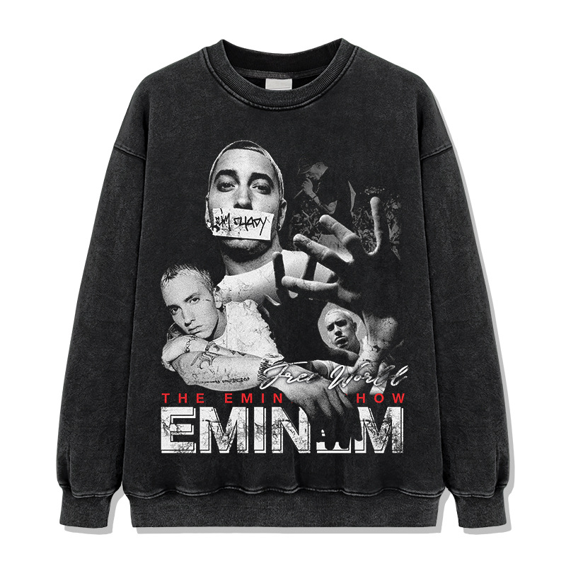 エミネムeminemプリントアメリカンヒップホップストリート長袖半袖レトロ水洗いオールドファッションtシャツ