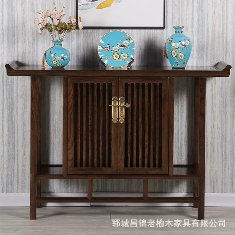 轻奢复古实木入户门储物柜玄关条案桌子老榆木供桌供台摆件奉供台